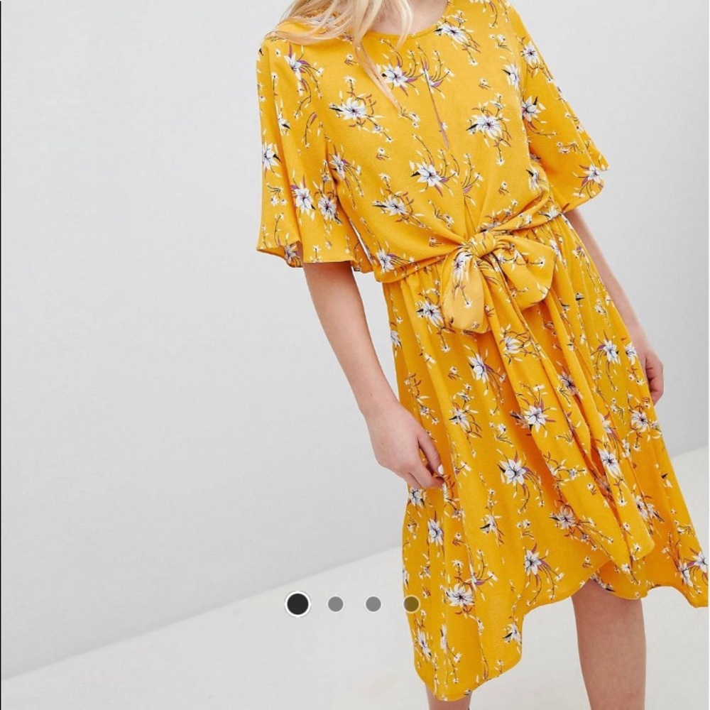 Yellow Floral Flutter Sleeve Front Tie Midi Dress